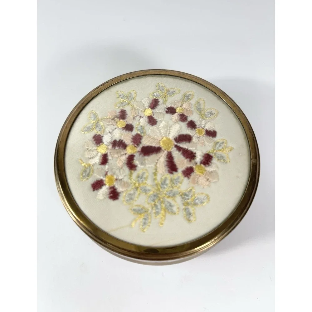 Vtg Floral Embroidered Gold trinket Box Petit Point Cottagecore Coquette
